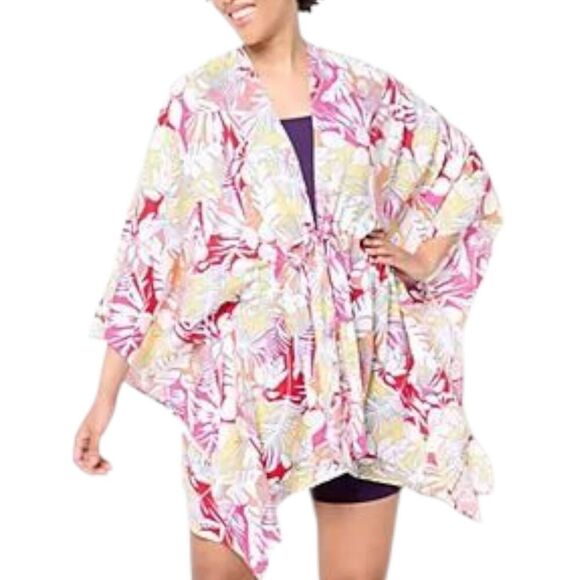 Lands End Pink Floral Viscose Tie Waist Swim Coverup Beach Kimono OS - Picture 1 of 4